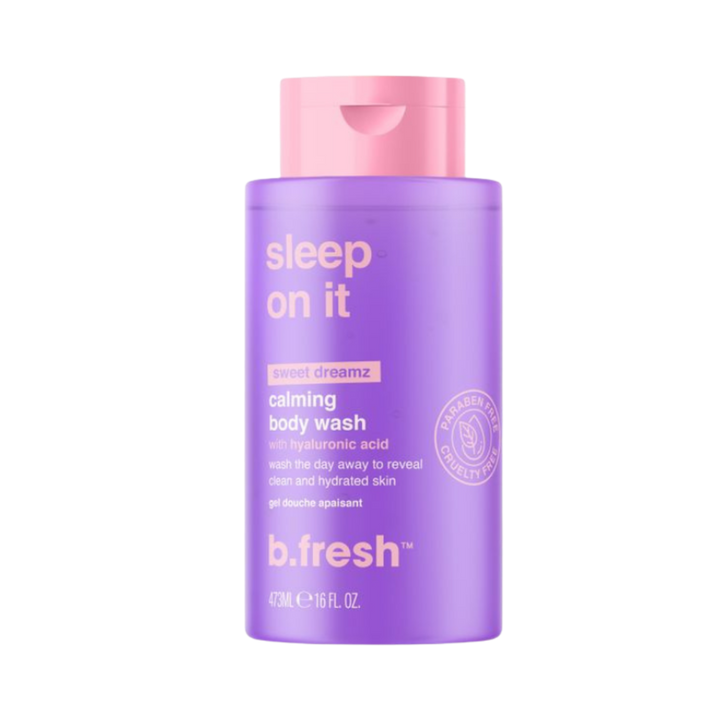 B. Fresh Sleep On It Calming Body Wash, 473ml, purple bottle with pink cap, featuring hyaluronic acid for hydration.
