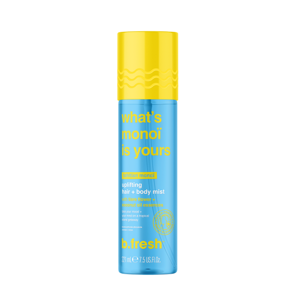 b.fresh What’s Monoi Is Yours uplifting hair and body mist Tahitian monoi, 221ml blue spray can with yellow cap
