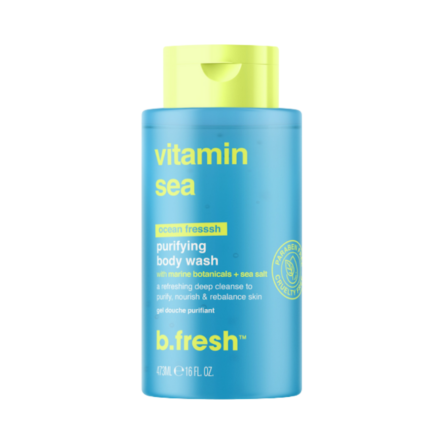 B. Fresh Vitamin Sea Purifying Body Wash, 473ml, blue bottle with green cap, featuring marine botanicals and sea salt.