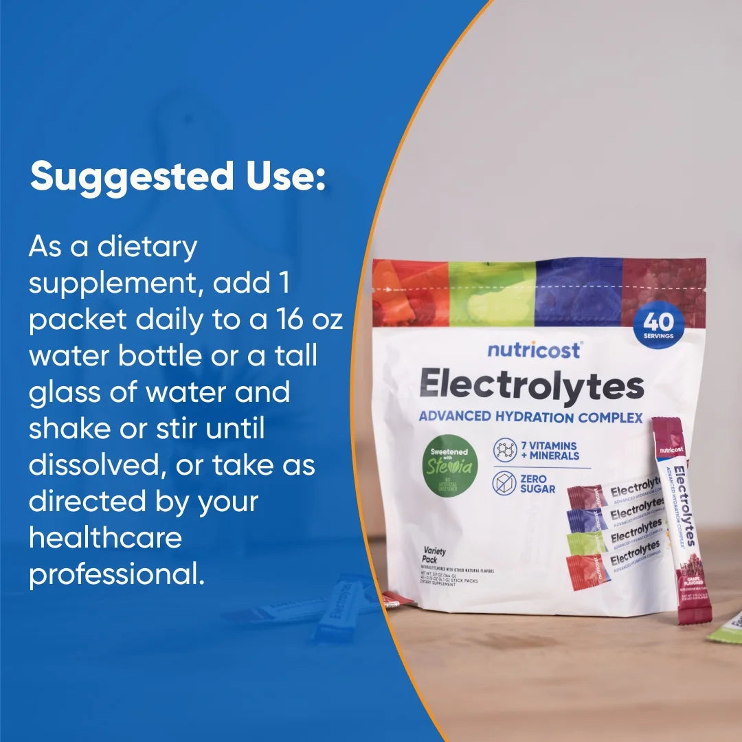 Nutricost Electrolyte Complex Powder Variety Pack - 40 Stick Pack | نيوتريكوست مكمل الكتروليتات لدعم ترطيب الجسم - 40 ظرف