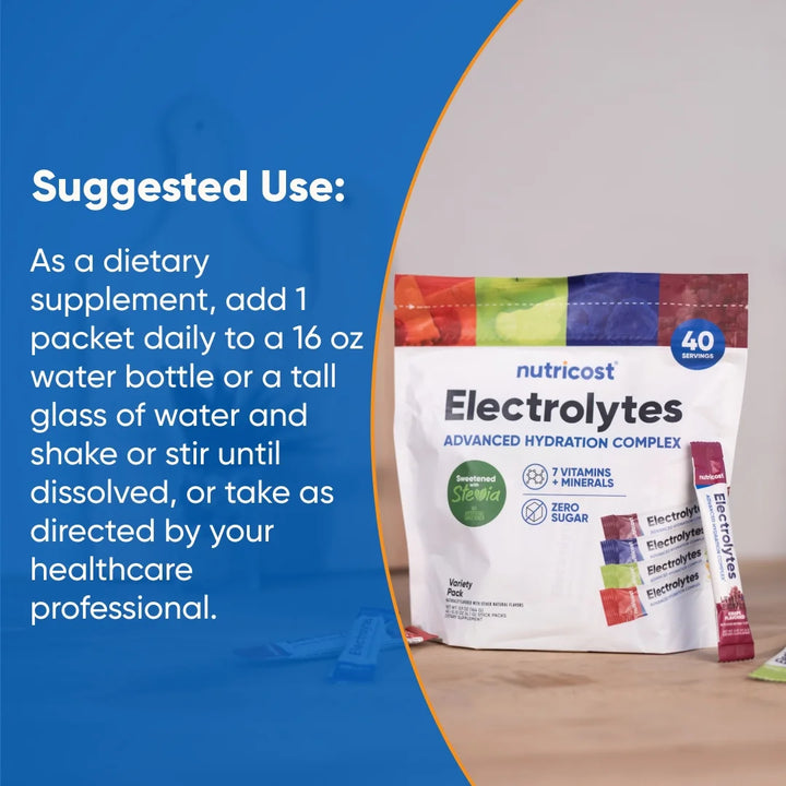 Nutricost Electrolyte Complex Powder Variety Pack - 40 Stick Pack | نيوتريكوست مكمل الكتروليتات لدعم ترطيب الجسم - 40 ظرف