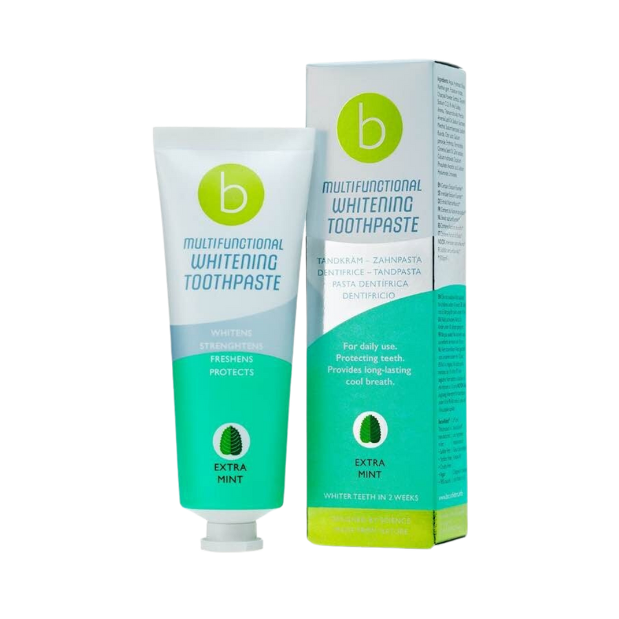 Beconfident Multifunctional Whitening Toothpaste Extra Mint tube with matching retail box packaging, mint variant toothpaste product