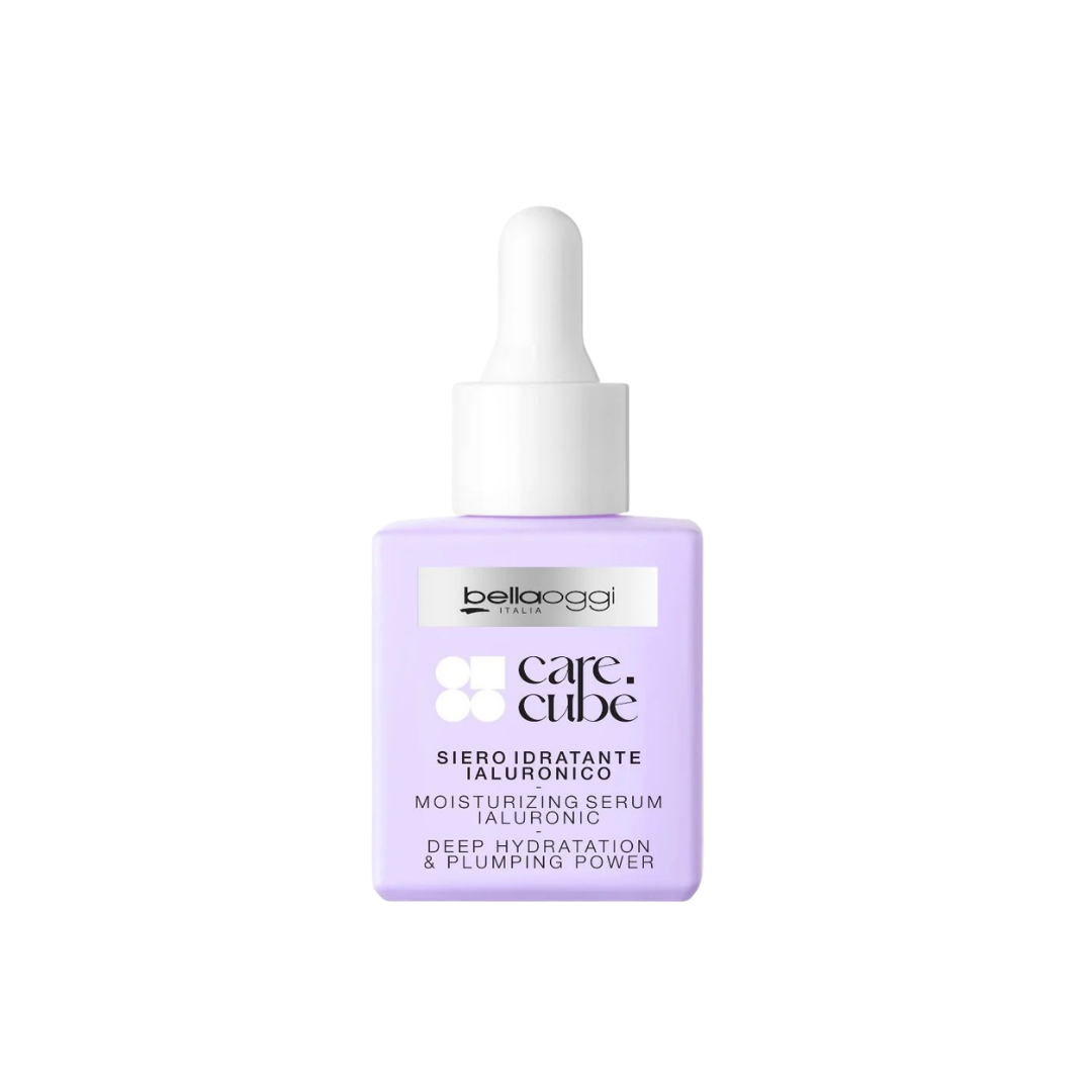 Belloggi Care Cubè Moisturizing Hyaluronic Serum with deep hydration and plumping benefits, in a lavender dropper bottle.