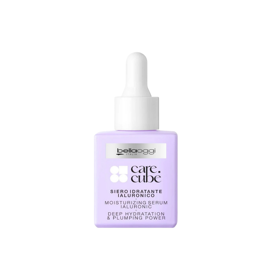 Belloggi Care Cubè Moisturizing Hyaluronic Serum with deep hydration and plumping benefits, in a lavender dropper bottle.