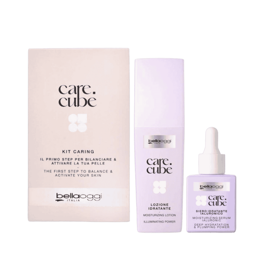 Bellaoggi Care Cube hydration kit with moisturizing serum dropper and lotion in pale lavender packaging.