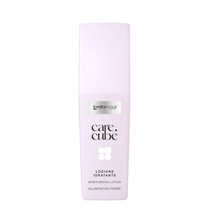 Bellaoggi Care Cube moisturizing lotion 100ml in pale pink rectangular bottle with matching tall cap.