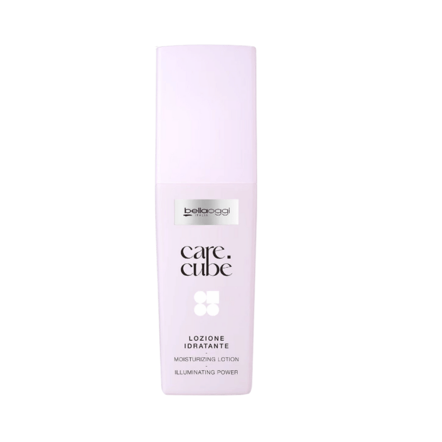 Bellaoggi Care Cube moisturizing lotion 100ml in pale pink rectangular bottle with matching tall cap.