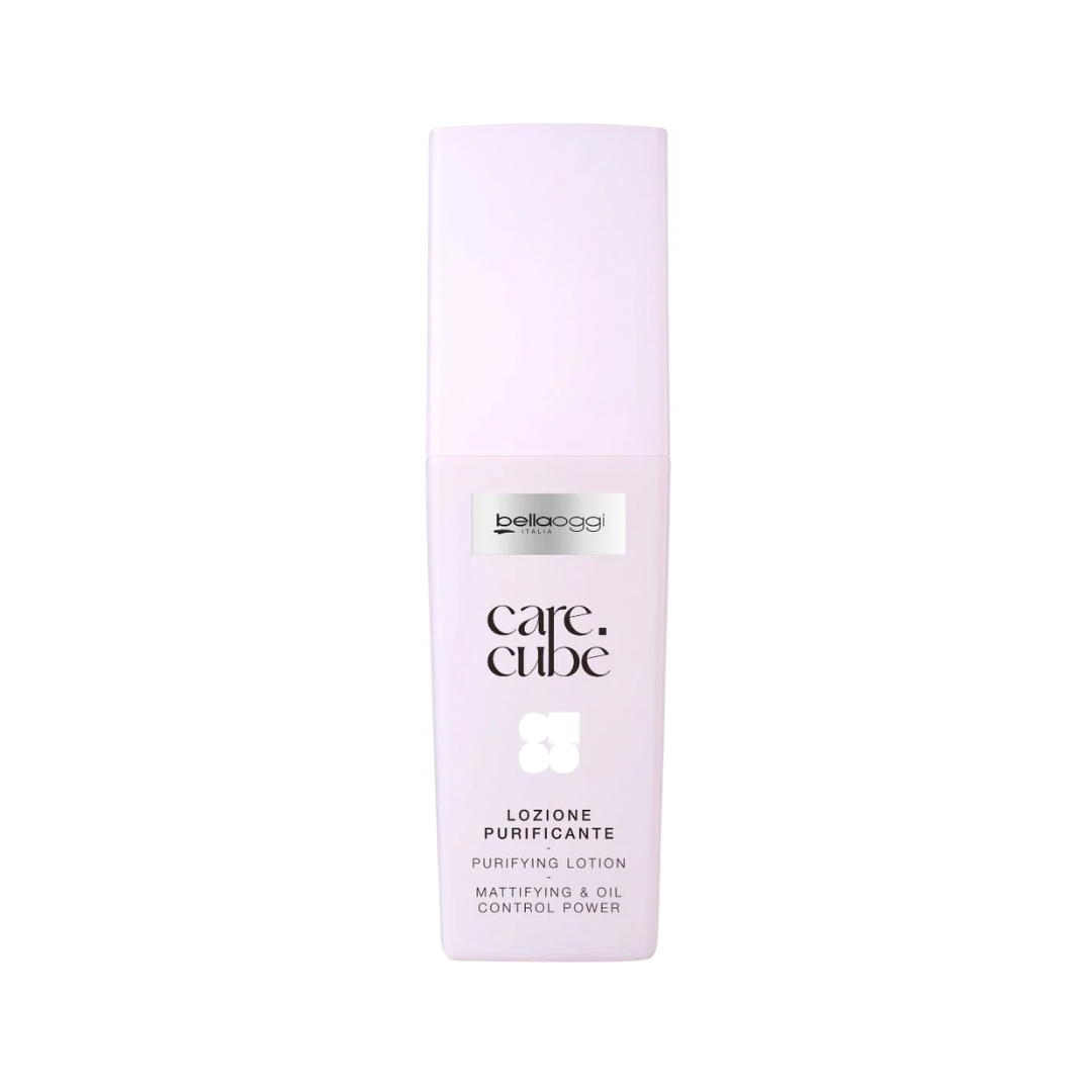 Belloggi Care Cubè Purifying Lotion for mattifying and oil control, in a light lavender rectangular bottle.