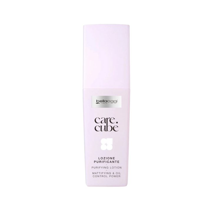 Belloggi Care Cubè Purifying Lotion for mattifying and oil control, in a light lavender rectangular bottle.