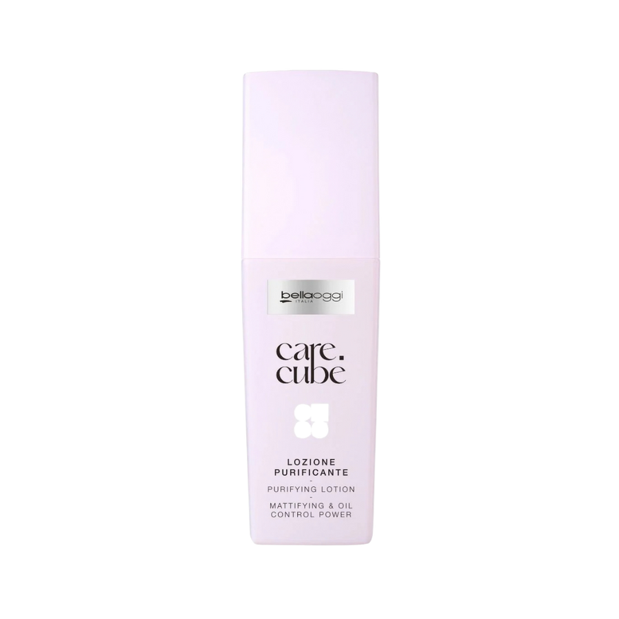 Belloggi Care Cubè Purifying Lotion for mattifying and oil control, in a light lavender rectangular bottle.