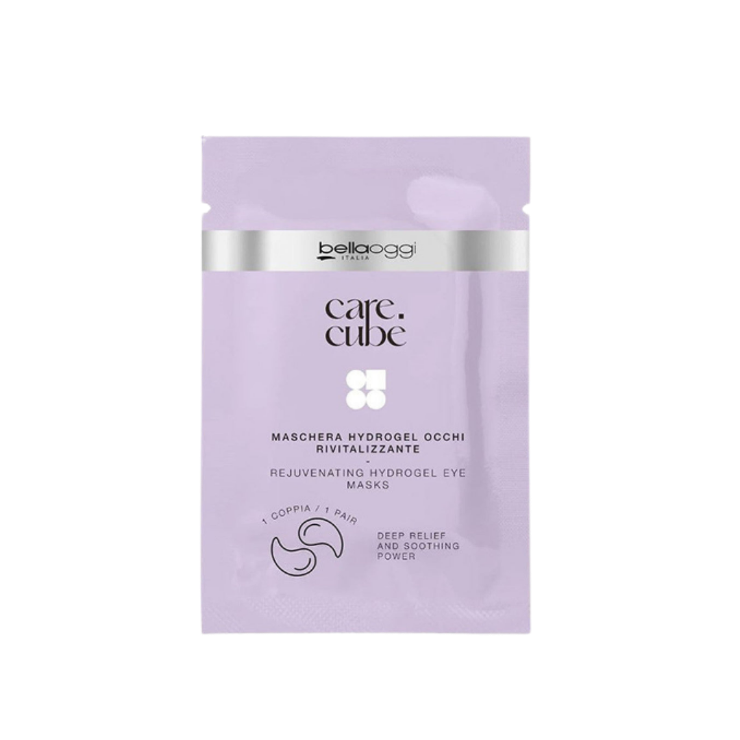 Belloggi Care Cubè Rejuvenating Hydrogel Eye Masks, 1 pair, in a lavender sachet.