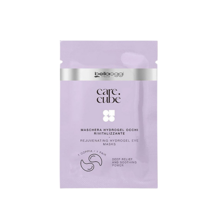 Belloggi Care Cubè Rejuvenating Hydrogel Eye Masks, 1 pair, in a lavender sachet.