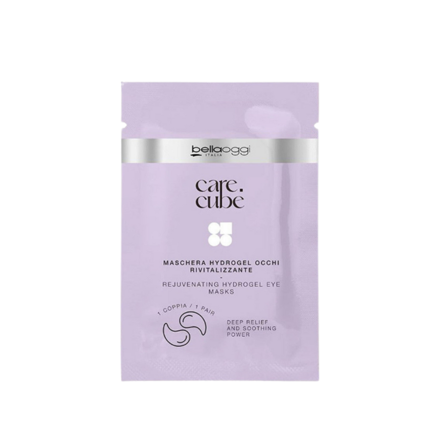 Belloggi Care Cubè Rejuvenating Hydrogel Eye Masks, 1 pair, in a lavender sachet.