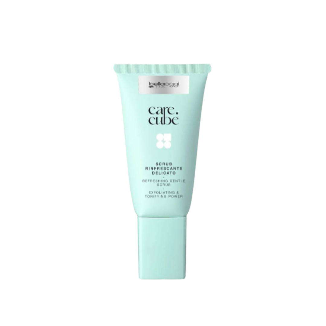 Belloggi Care Cubè Refreshing Gentle Scrub for exfoliating and toning, in a mint-green tube.