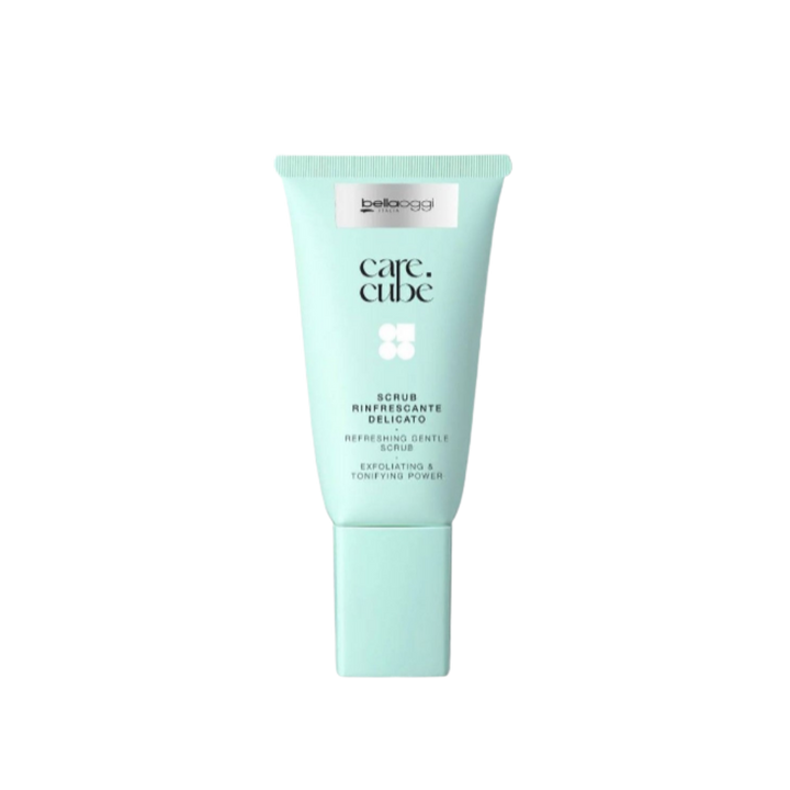 Belloggi Care Cubè Refreshing Gentle Scrub for exfoliating and toning, in a mint-green tube.