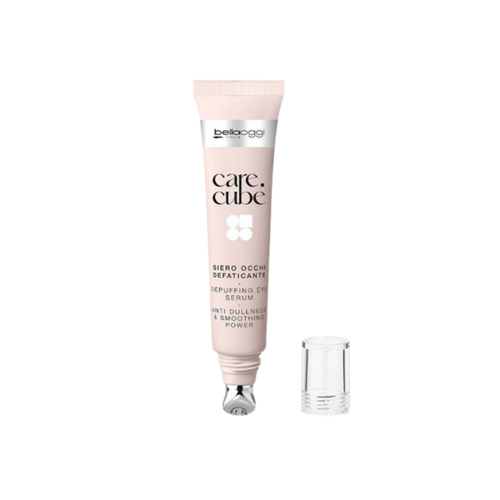 Belloggi Care Cubè Depuffing Eye Serum with anti-dullness and smoothing benefits, in a pink tube with a metal applicator tip.