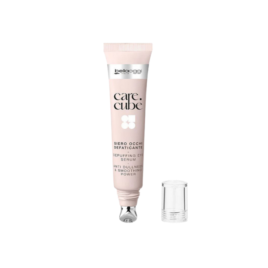 Belloggi Care Cubè Depuffing Eye Serum with anti-dullness and smoothing benefits, in a pink tube with a metal applicator tip.