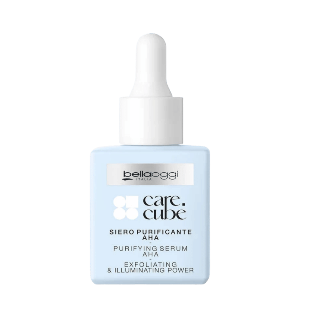 Bellaoggi Care Cube AHA purifying serum 30ml in light blue dropper bottle with white cap.