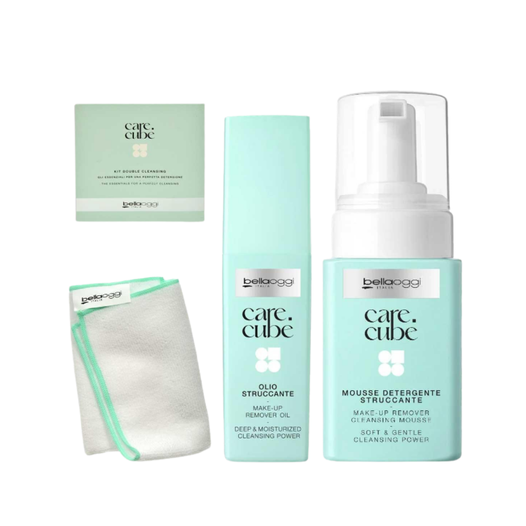 Belloggi Care Cubè double cleansing kit with makeup remover oil, cleansing mousse, and microfiber cloth.