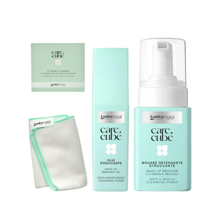 Belloggi Care Cubè double cleansing kit with makeup remover oil, cleansing mousse, and microfiber cloth.