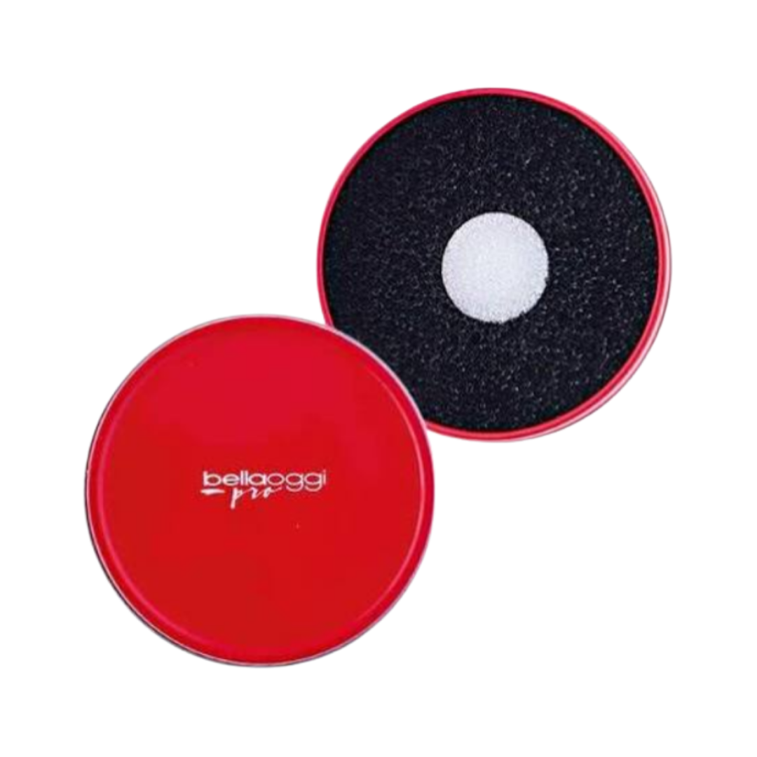 Belloggi Pro round makeup powder puff with a red compact case and black applicator sponge.