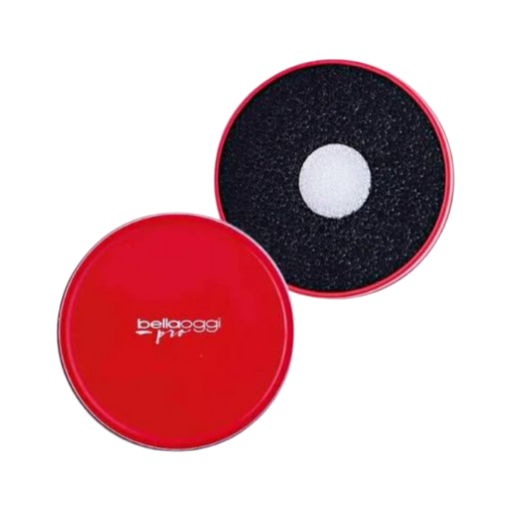 Belloggi Pro round makeup powder puff with a red compact case and black applicator sponge.