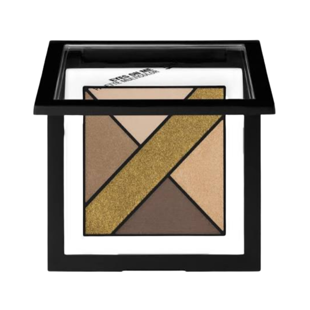 Belloggi eyeshadow palette in a black compact, featuring four neutral shades with a metallic gold diagonal stripe design.