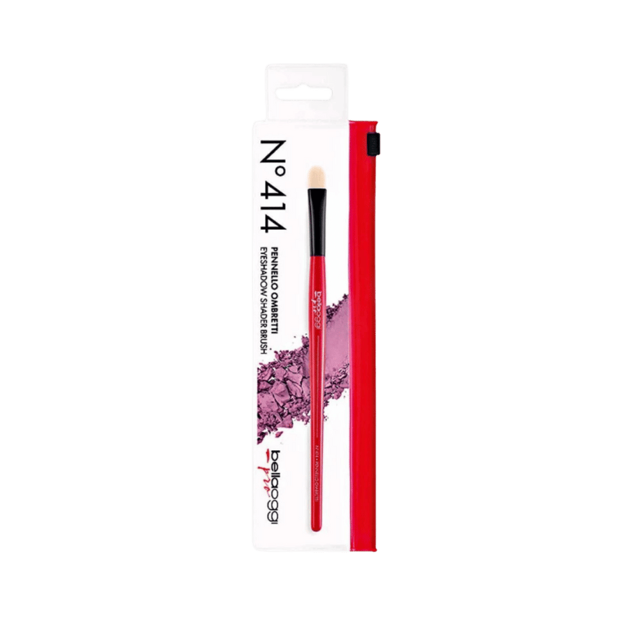 Bellaoggi Eyeshadow Shader Brush No. 414 with red handle, black ferrule, and flat beige bristles.