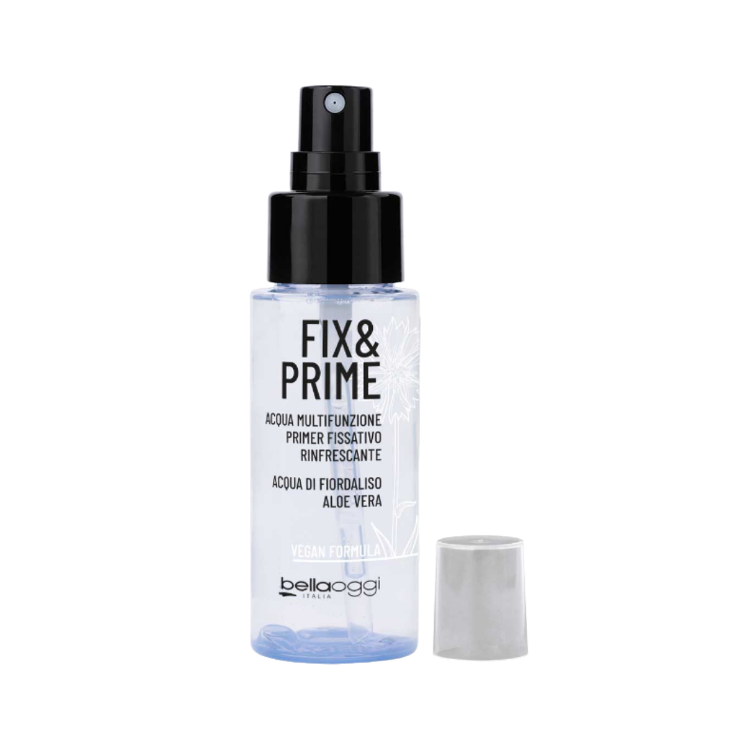 Belloggi Fix & Prime Multifunctional Water with Cornflower Water and Aloe Vera, a refreshing primer and makeup-fixing mist with a vegan formula.