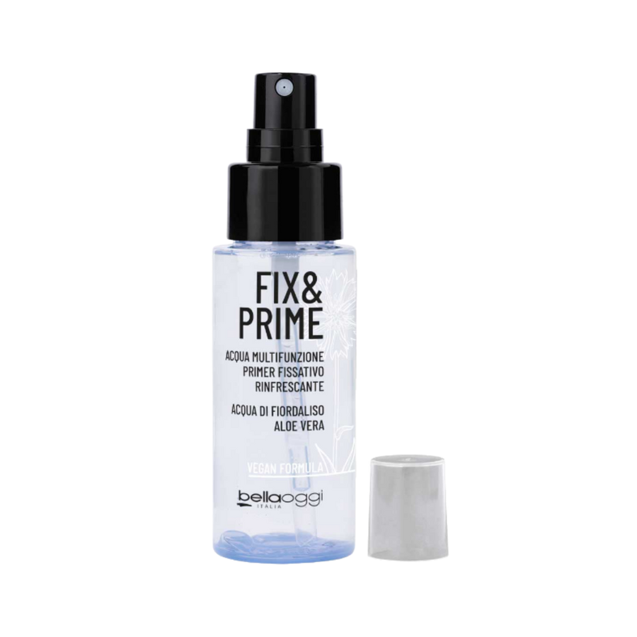 Belloggi Fix & Prime Multifunctional Water with Cornflower Water and Aloe Vera, a refreshing primer and makeup-fixing mist with a vegan formula.