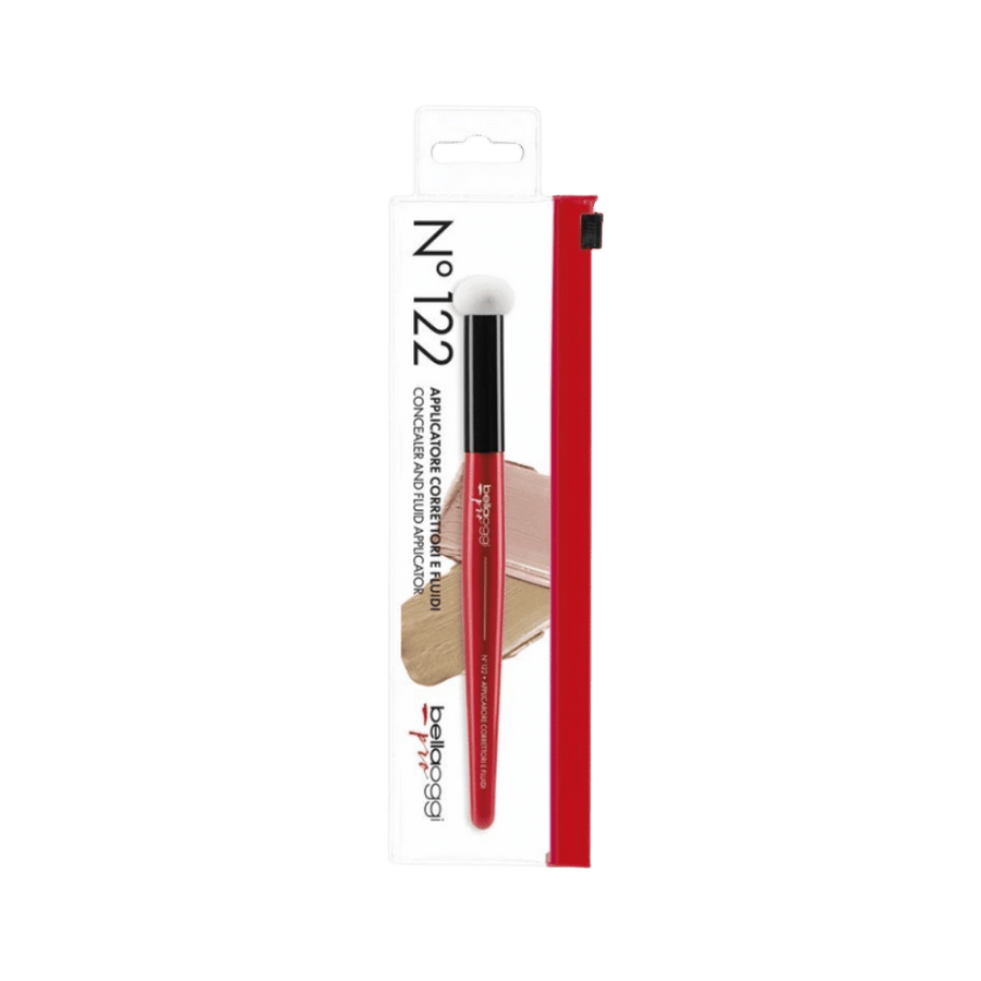 Bellaoggi Pro No. 122 fluid concealer applicator brush with soft white bristles and red handle.