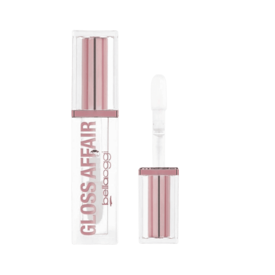 Bellaoggi Gloss Affair lip gloss in clear packaging with pink accents and soft applicator wa