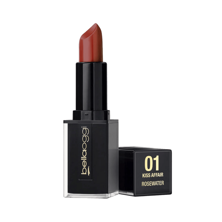 Bellaoggi Kiss Affair Creamy lipstick in Rosewater shade with warm rosy-brown color and glossy creamy finish.