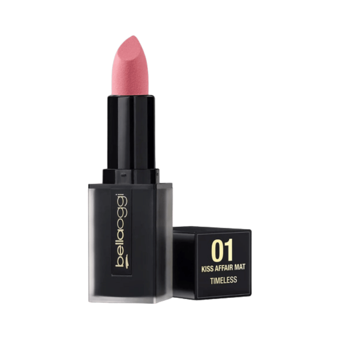 Bellaoggi Kiss Affair Matte lipstick in pink shade with matte finish and elegant black packaging.