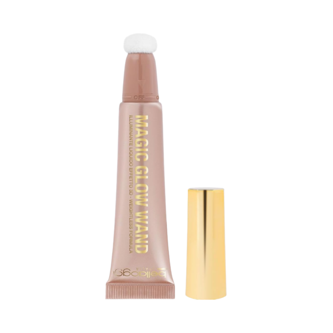 Belloggi Magic Glow Wand liquid highlighter in a rose-gold tube with a built-in cushion applicator.