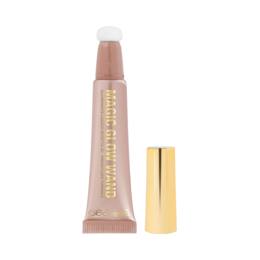 Belloggi Magic Glow Wand liquid highlighter in a rose-gold tube with a built-in cushion applicator.
