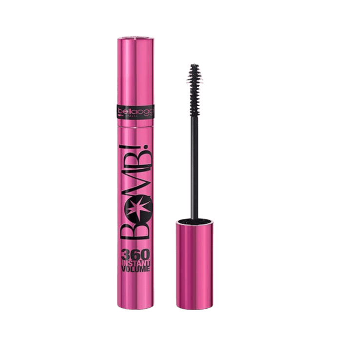 Bellaoggi Bomb 360 Instant Volume black mascara 9.5ml in metallic pink tube with black wand.