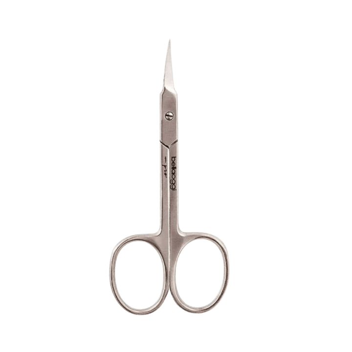 Bellaoggi nail and cuticle scissors in silver metal with pointed blades and oval finger loops.