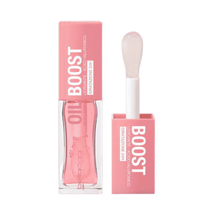 Bellaoggi Oil Boost Nourishing Lip Oil in pink packaging with clear glossy formula and soft applicator.