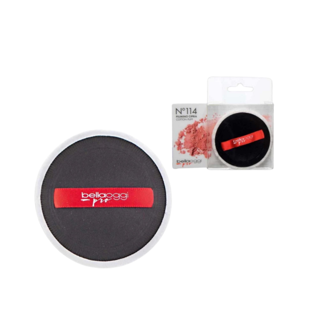 Belloggi Pro N°114 Cotton Puff, black round makeup powder applicator with red logo strap in clear packaging.