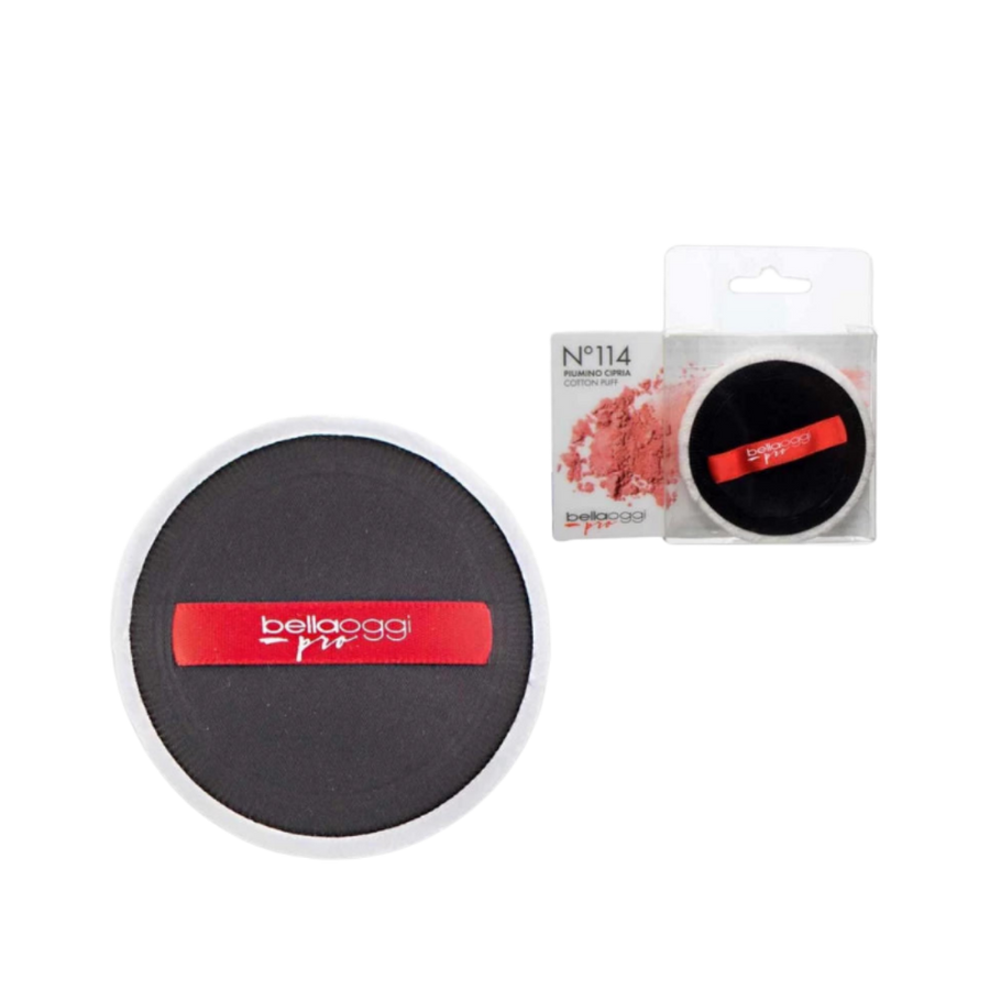 Belloggi Pro N°114 Cotton Puff, black round makeup powder applicator with red logo strap in clear packaging.