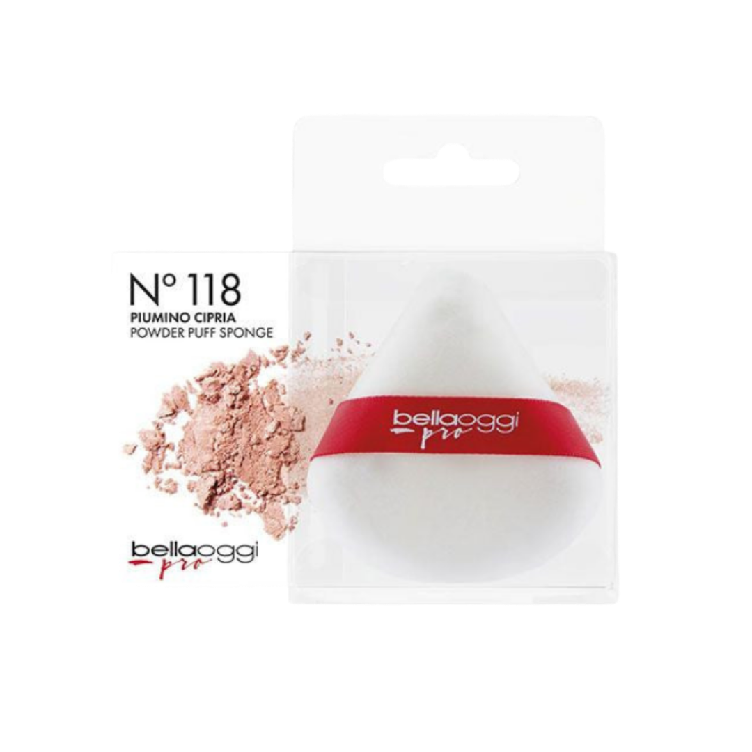 Belloggi Pro N°118 Cipria Powder Puff, a soft white powder puff with a red Belloggi Pro ribbon for applying loose or pressed powder.