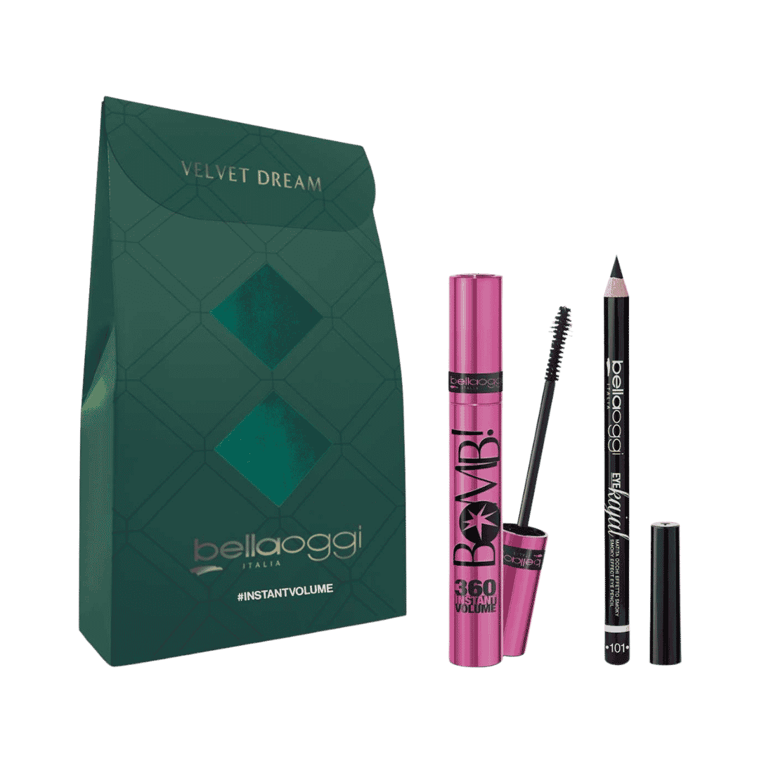 Bellaoggi Velvet Dream Instant Volume set with pink mascara and black eye kajal pencil packaging