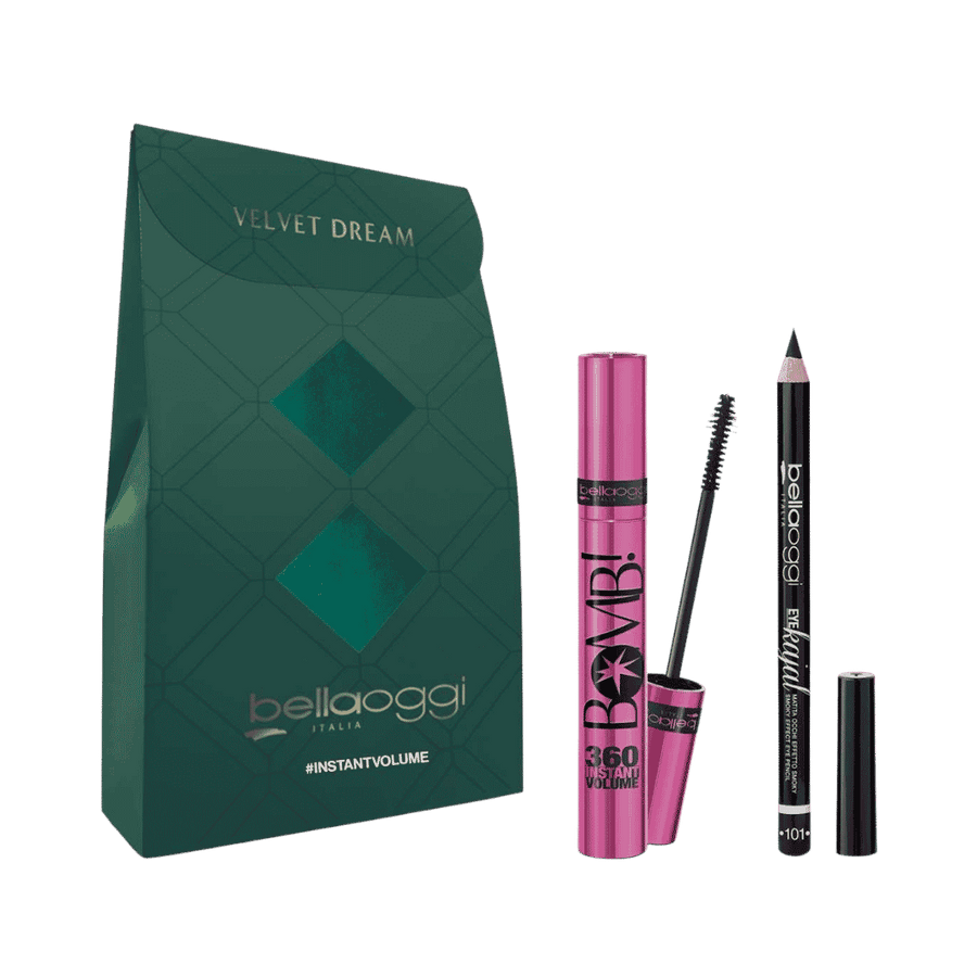 Bellaoggi Velvet Dream Instant Volume set with pink mascara and black eye kajal pencil packaging