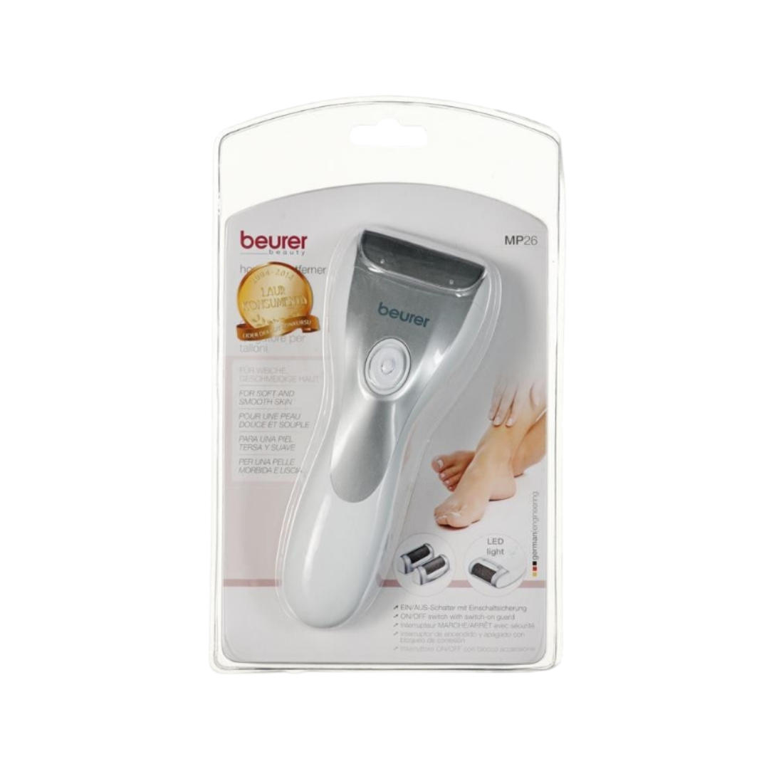 Beurer MP26 electric foot callus remover device in retail blister packaging with metal roller head.