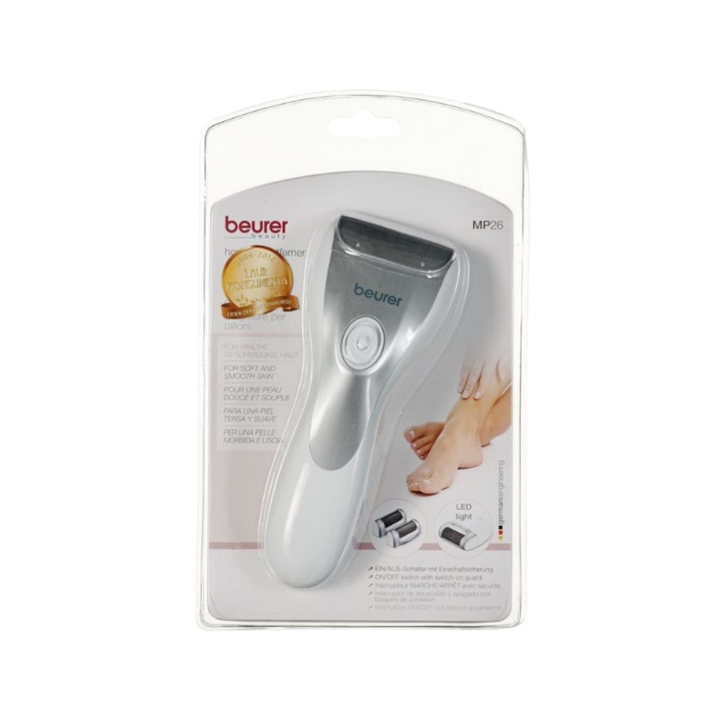 Beurer MP26 electric foot callus remover device in retail blister packaging with metal roller head.
