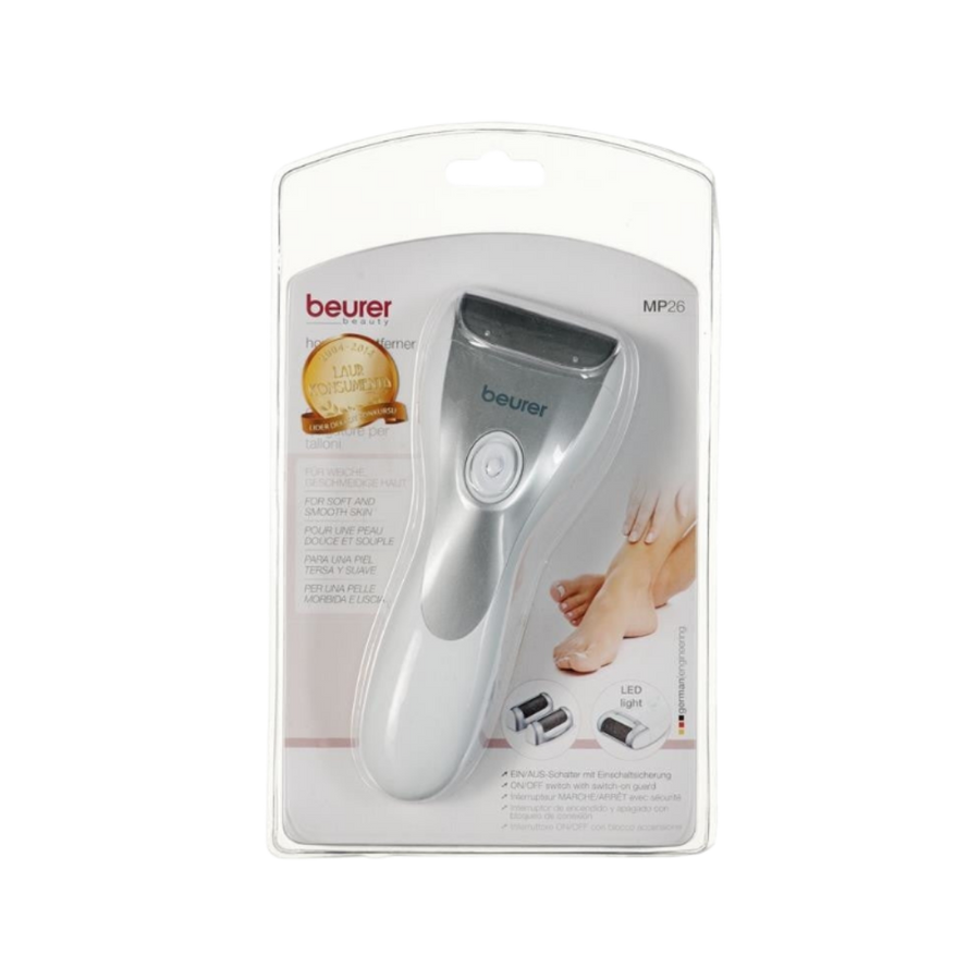 Beurer MP26 electric foot callus remover device in retail blister packaging with metal roller head.