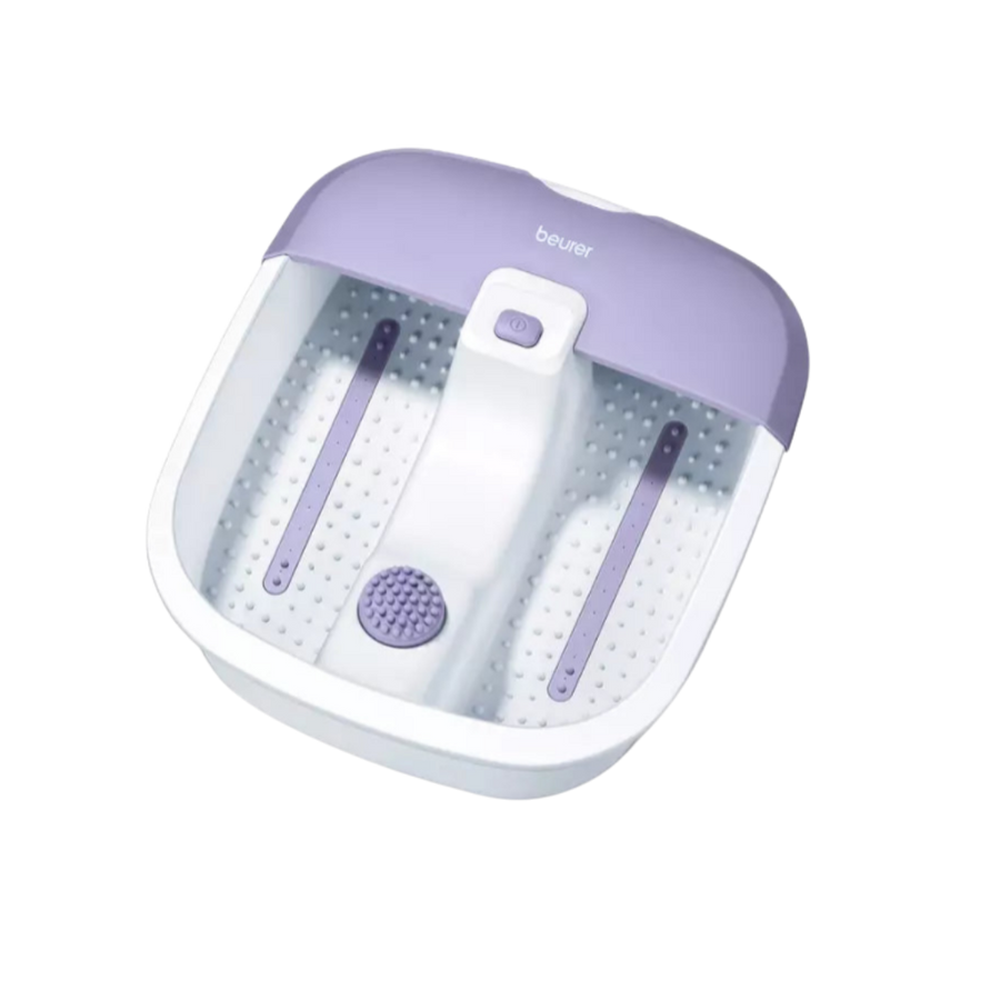 Beurer electric foot spa massager, white and purple basin with vibration nodes and control button.
