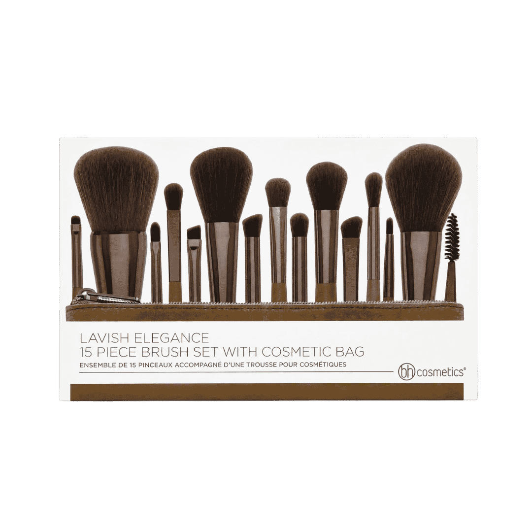 BH Cosmetics Lavish Elegance 15-piece makeup brush set with brown cosmetic zipper bag packaging