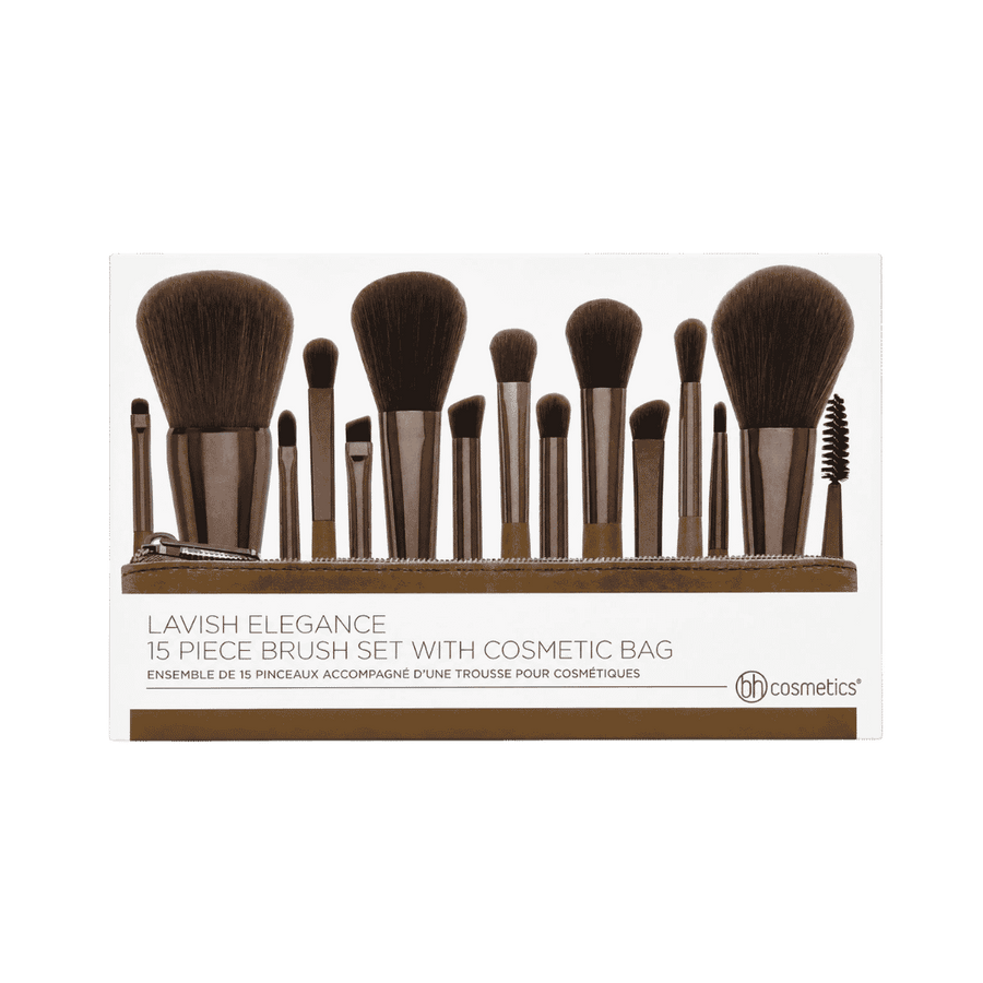 BH Cosmetics Lavish Elegance 15-piece makeup brush set with brown cosmetic zipper bag packaging